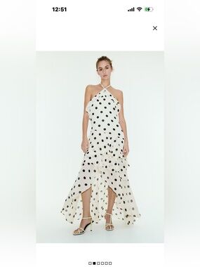 BNWT H&M Flounced Halterneck Crepe Chiffon Dress (White/Black Dotted) M & L